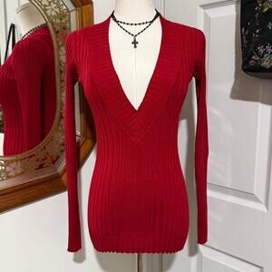 VTG Y2K Pour Ruby Red Ribbed Plunge Long Sleeve Form Fitting Sweater Top S